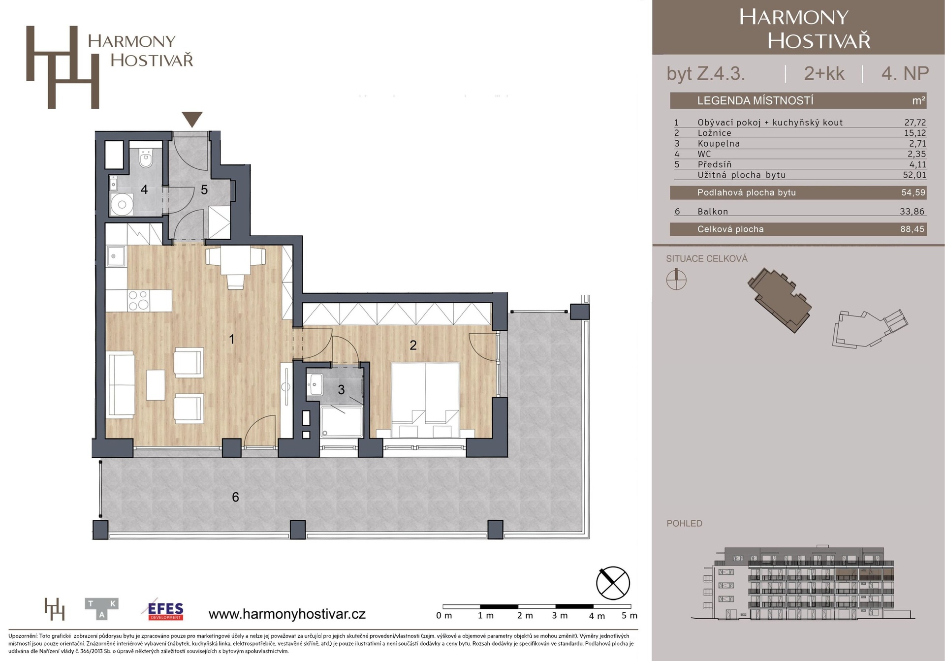 Prodej bytu 2+kk v projektu Harmony Hostivař, 54 m², Praha - Hostivař — fotografie 4